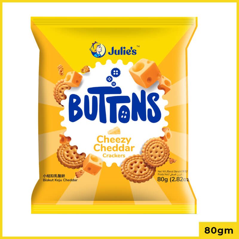 Julies Buttons Cheezy Cheddar Crackers Biscuits, 80g