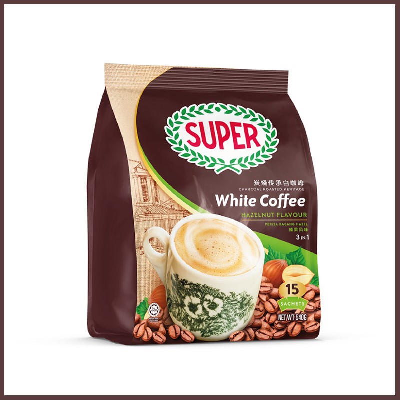 Super Charcoal Roasted white Coffee 3 in 1 Hazelnuts 540 gm, 36 g x 15 schts